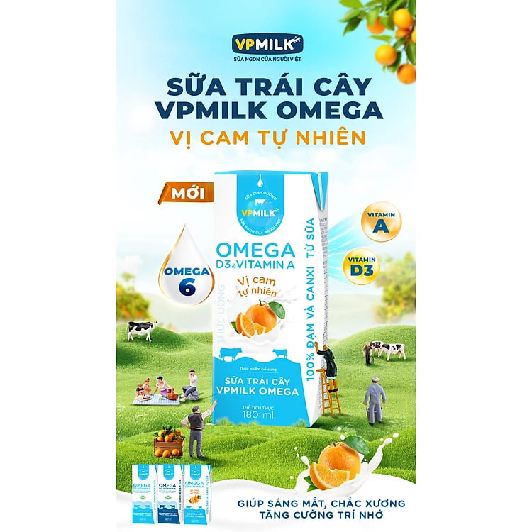 Sữa trái cây VPMILK Omega vị CAM tự nhiên cho bé trên 1 tuổi hộp 110ml (Thùng 48 hộp)