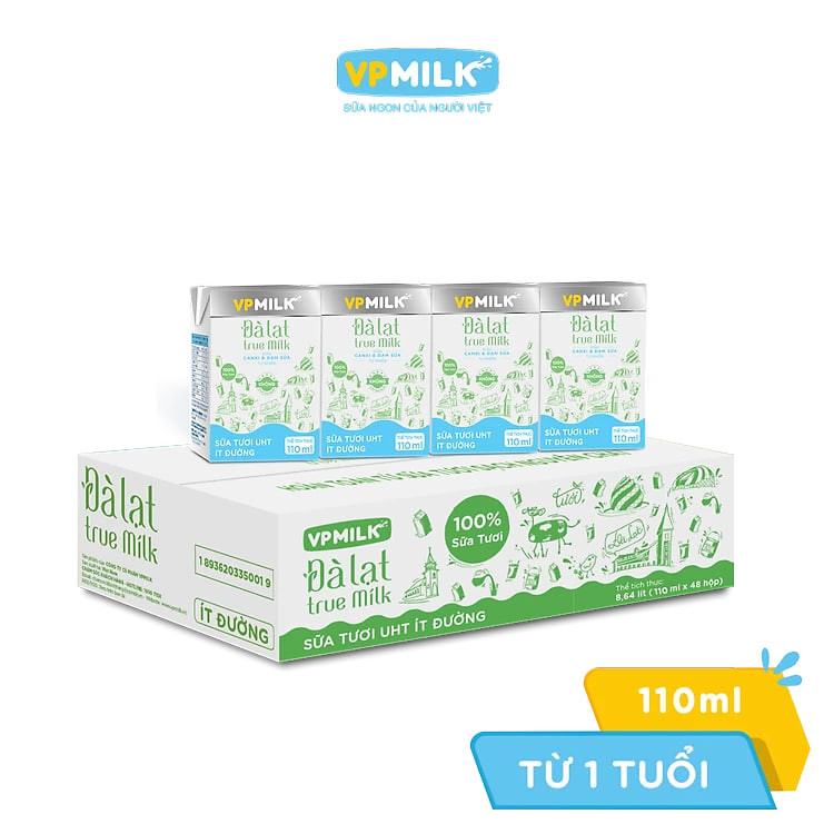 Sữa tươi UHT Đà Lạt True Milk ít đường 110ml (Thùng 48 hộp)