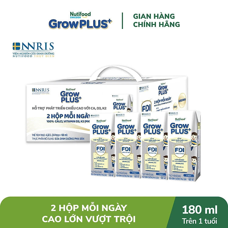 Thùng Sữa Bột Pha sẵn Nutifood GrowPLUS+ Cao Lớn Vượt Trội trên 1 tuổi (24 hộp x 180ml)