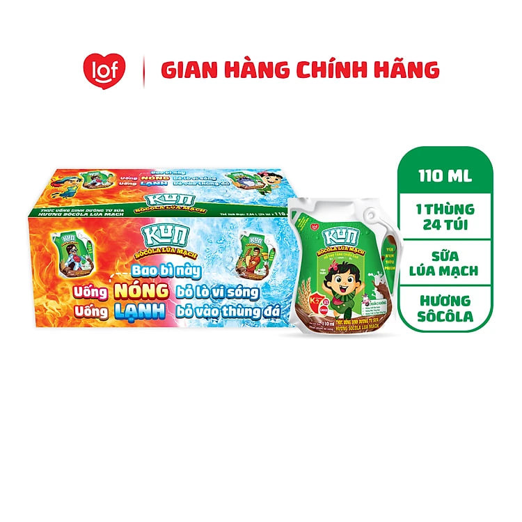 Thùng 24 Túi Sữa Socola Lúa Mạch KUN 110ml/túi