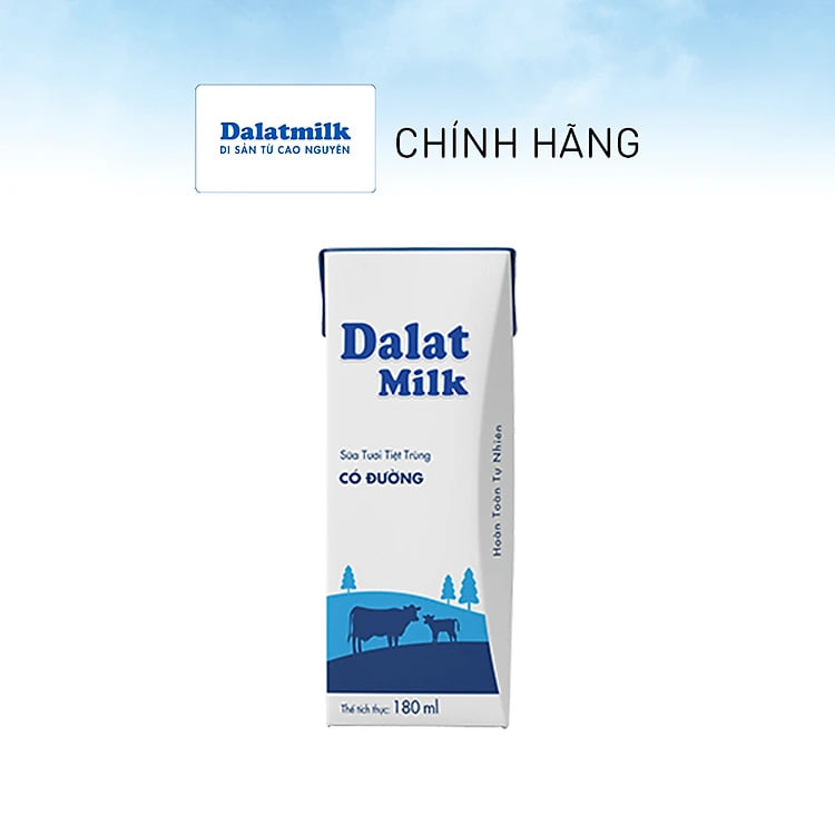 Thùng 48 hộp sữa tươi tiệt trùng Dalatmilk có đường 180 ml (180 ml x 48)