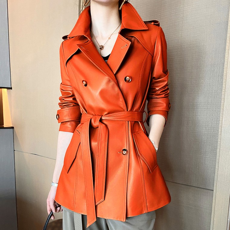 New Trench Coat Sheepskin Leather Shirt Long Bomber Jacket Genuine Leather Jacket With Belt