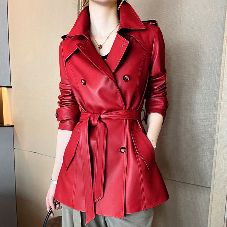 New Trench Coat Sheepskin Leather Shirt Long Bomber Jacket Genuine Leather Jacket With Belt