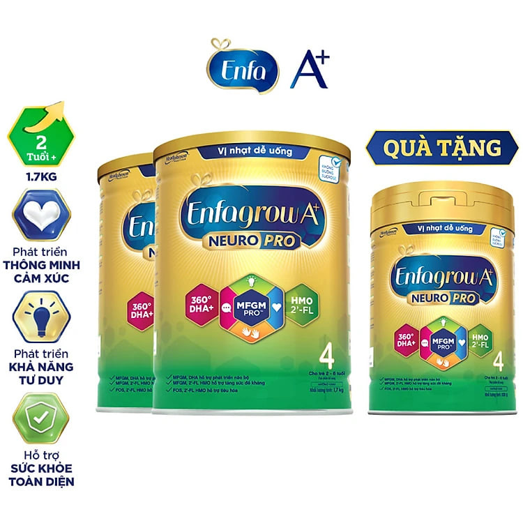 Bộ 2 lon sữa bột Enfagrow A+ Neuropro 4 Vị thanh mát với dưỡng chất DHA & MFGM cho trẻ từ 2–6 tuổi- 1.7kg - Tặng 1 lon 830g