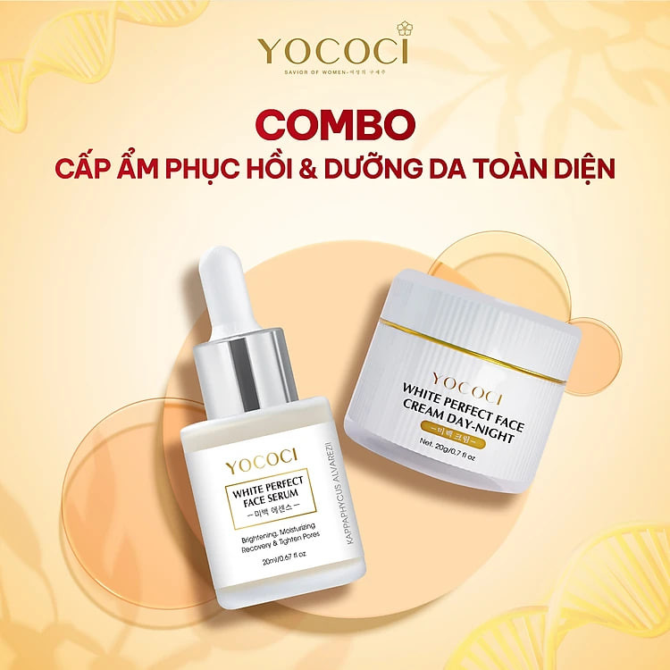 Bộ siêu dưỡng trắng da mặt Yococi kết hợp ngày đêm giúp da sáng mịn, căng bóng bảo vệ tuyệt đối an toàn cho da gồm 1 kem face 20g + 1 serum dưỡng da 20ml