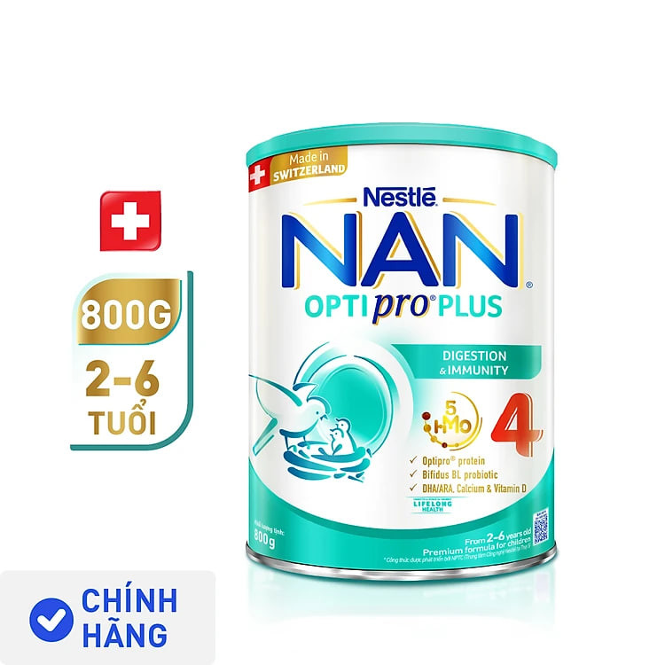 Sữa bột Nestlé NAN OPTIPRO PLUS 4 800g/lon với 5HMO Giúp tiêu hóa tốt + Tăng cường đề kháng - Bé 2-6 tuổi