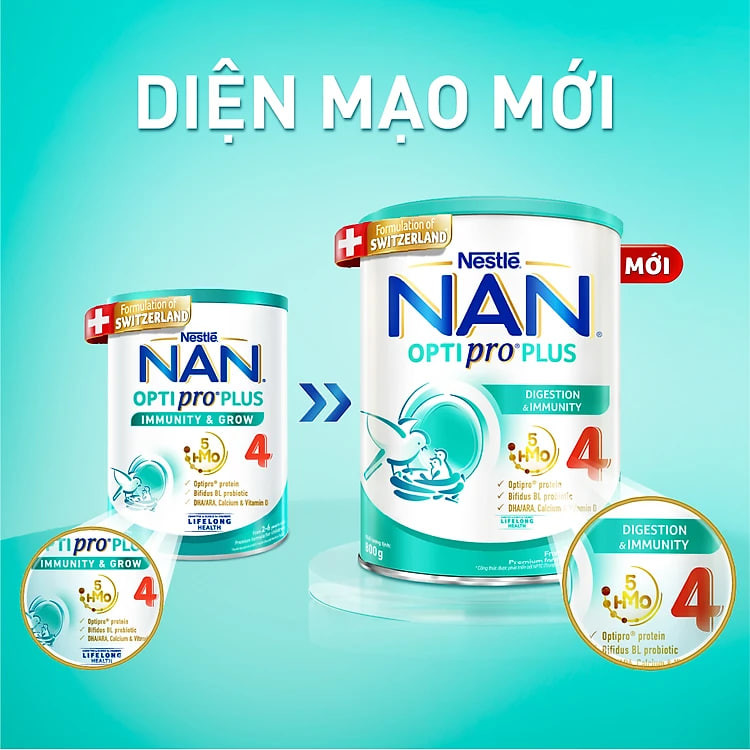Sữa bột Nestlé NAN OPTIPRO PLUS 4 800g/lon với 5HMO Giúp tiêu hóa tốt + Tăng cường đề kháng  - Bé 2-6 tuổi