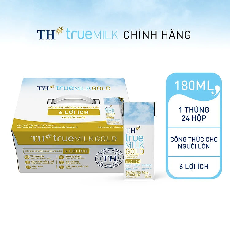 Thùng 24 hộp sữa tươi tiệt trùng vị tự nhiên TH true MILK GOLD dành cho người lớn tuổi 180 ml (180 ml x 24)