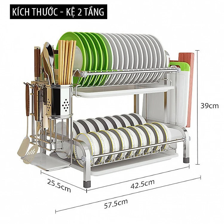 Kệ Úp Chén Bát Đĩa INOX 304 Kèm Khay Hứng Nước Giá Khô Ráo Trên Bàn Bếp