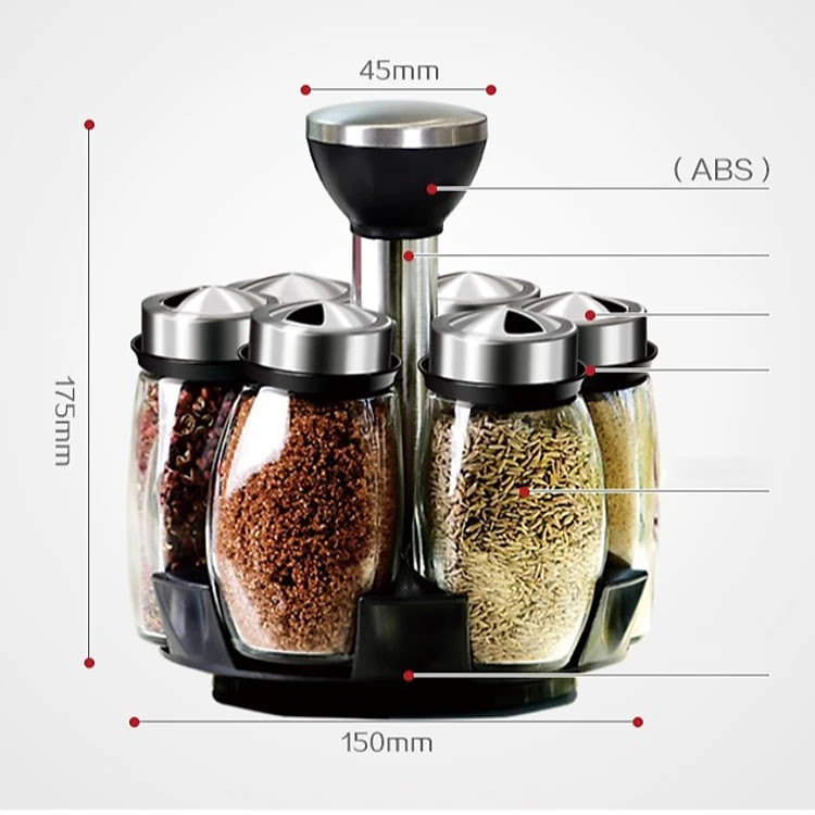 Bộ 6 lọ đựng gia vị thủy tinh chống vỡ xoay 360 độ, Hũ đựng gia vị cao cấp loại 1 cho đồ dùng nhà bếp Vando