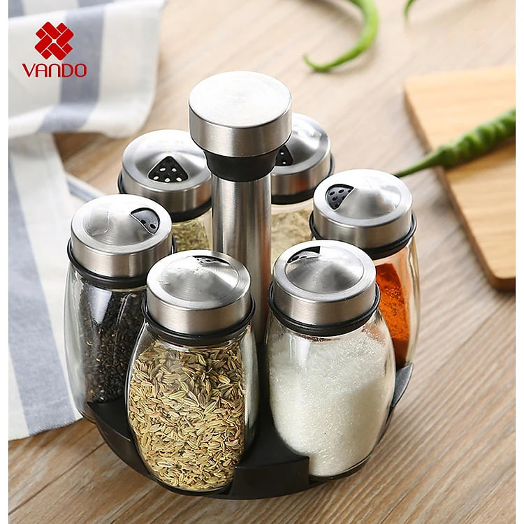 Bộ 6 lọ đựng gia vị thủy tinh chống vỡ xoay 360 độ, Hũ đựng gia vị cao cấp loại 1 cho đồ dùng nhà bếp Vando