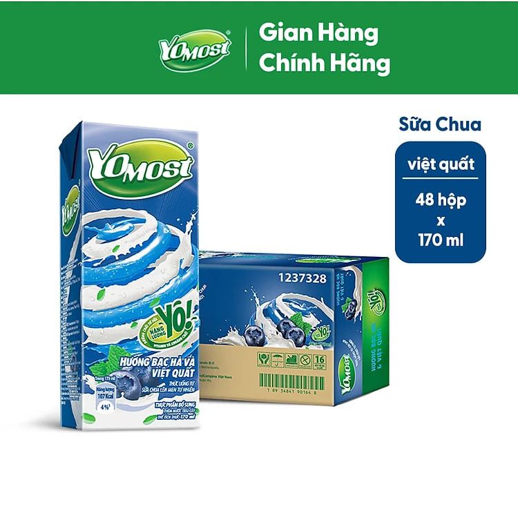 Thùng 48 Hộp Sữa Chua Lên Men Tự Nhiên Yomost Bạc Hà - Việt Quất (170ml/Hộp)