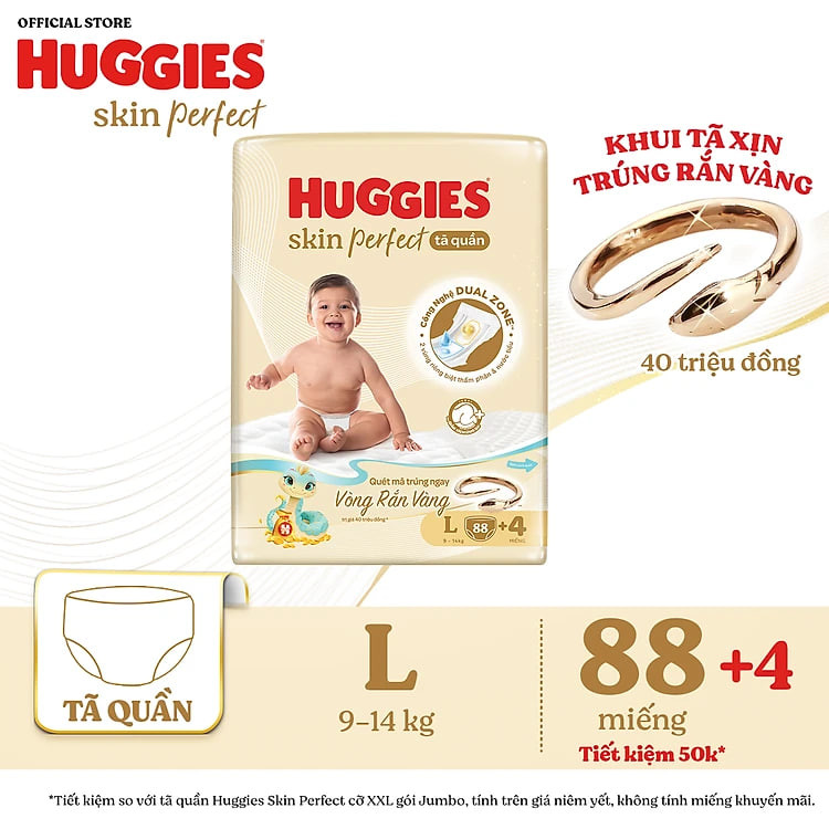 [Phiên bản Rắn vàng giới hạn] Tã quần Huggies Skin Perfect Mega Jumbo L88+4 với 2 vùng thấm giảm kích ứng da