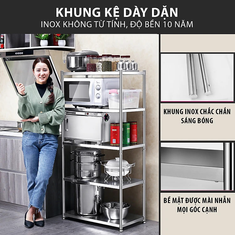Kệ Đa Năng Để Lò Vi Sóng INOX Trắng Cao Cấp Chống Han Gỉ Kệ Để Đồ Nặng Siêu Gọn Cho Nhà Bếp VANDO
