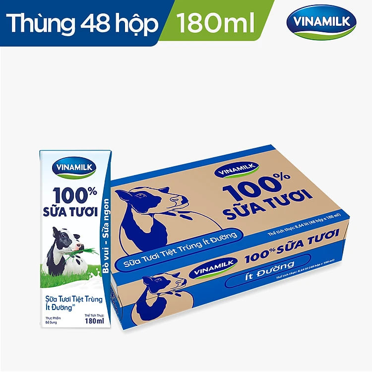 Thùng 48 Hộp Sữa Tươi Tiệt Trùng Vinamilk 100% Ít Đường (180ml)