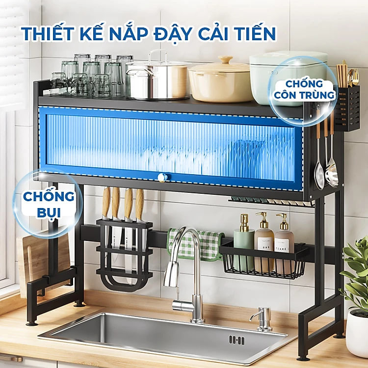 Kệ chén đĩa bát có nắp đậy 2 tầng sạch sẽ chống bụi cho nhà bếp tiện lợi