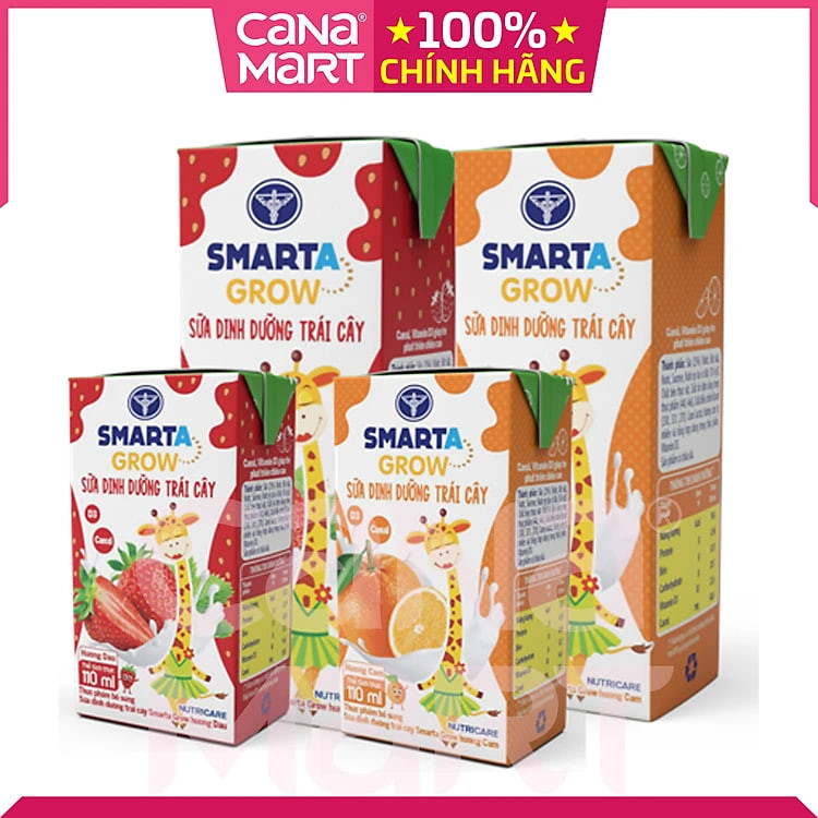 Thùng sữa nước trái cây Smarta Grow (vị cam) giúp trẻ tăng trưởng chiều cao, phát triển não bộ, dinh dưỡng cho trẻ thấp còi (48 hộp x 110ml)