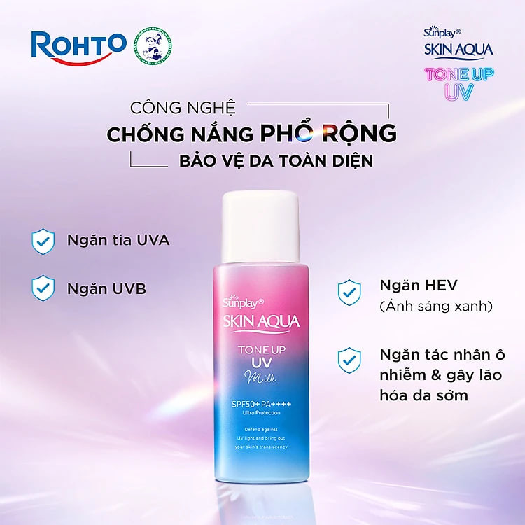 Sữa chống nắng nâng tông Skin Aqua Tone up Lavender cho da tối màu & da vàng Sunplay Skin Aqua Tone Up UV Milk Lavender SPF 50+ PA++++ 50g