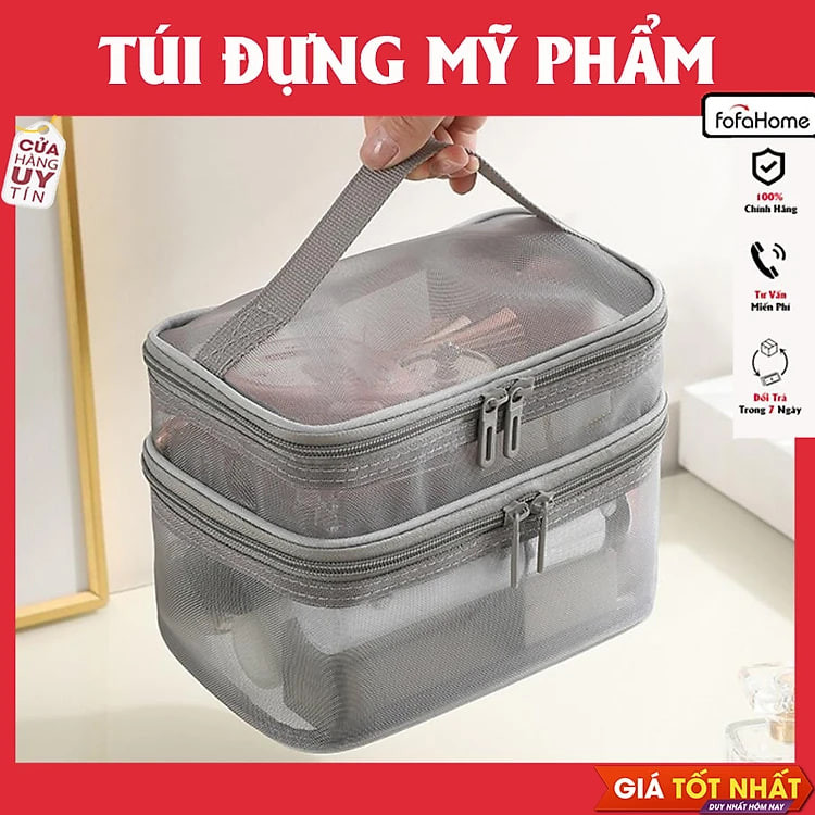 Túi Lưới Đựng Mỹ Phẩm, Đồ Trang Điểm 2 Tầng, Nhỏ Gọn Tiện Dụng Dễ Giặt Vệ Sinh