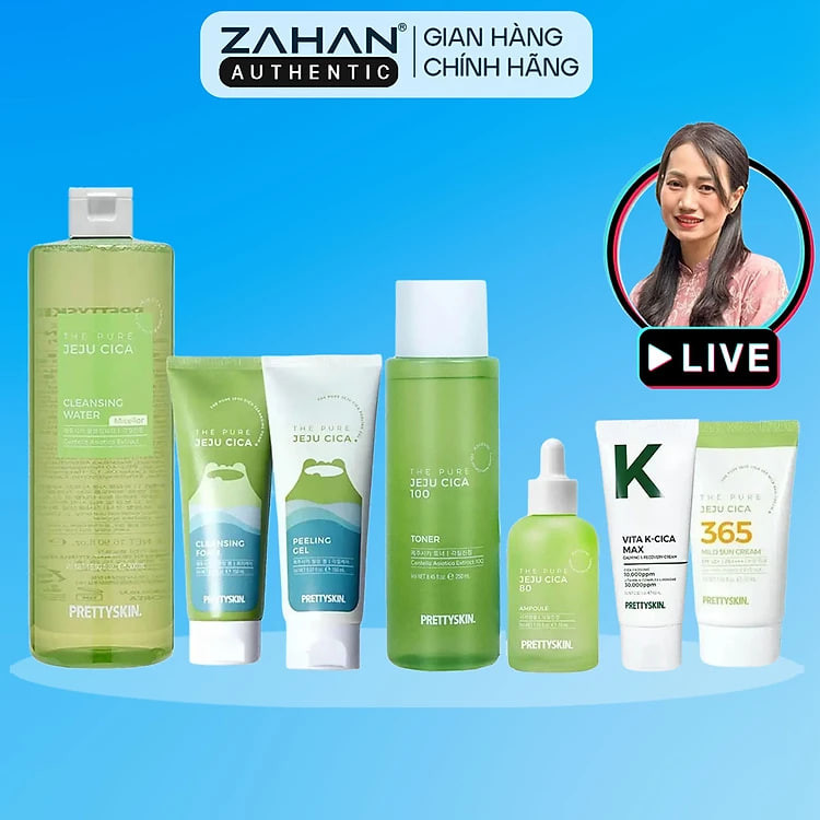 Combo bộ rau má JEJU CICA Prettyskin ( 7 sản phẩm) gồm tẩy trang rau má, sữa rửa mặt rau má, tẩy da chết rau má, toner rau má, serum rau má, kem dưỡng Vita K, kem chống nắng rau má Prettyskin