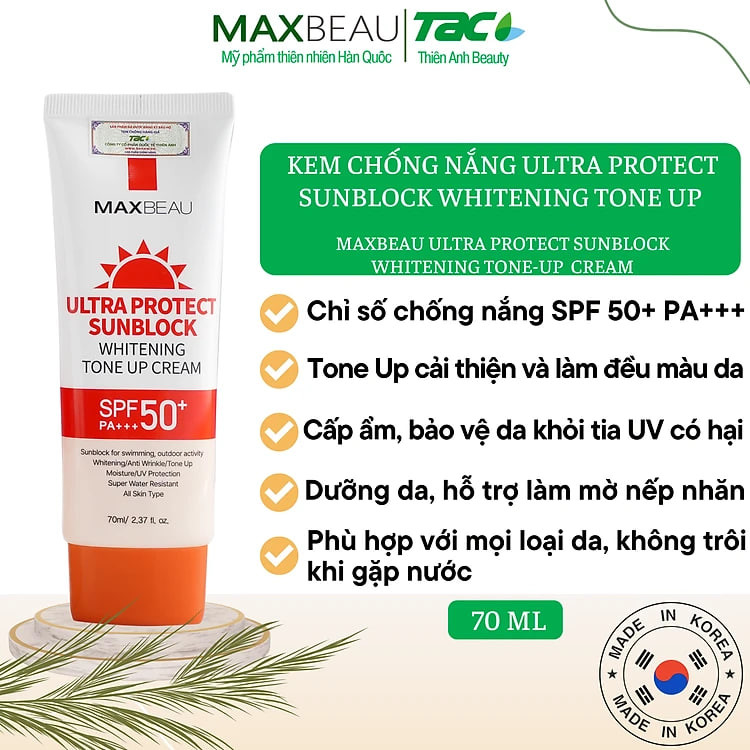 Kem chống nắng Maxbeau Ultra Protect Sunblock Whitening Tone-Up Sunscreen Chống Nắng kháng nước Tone Up 70ml
