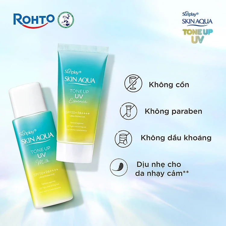 Kem chống nắng nâng tông Skin Aqua Tone up Mint Green cho da trắng có khuyết điểm đỏ, dạng sữa Sunplay Skin Aqua Tone Up UV Milk Mint Green SPF 50+ PA++++ 50g