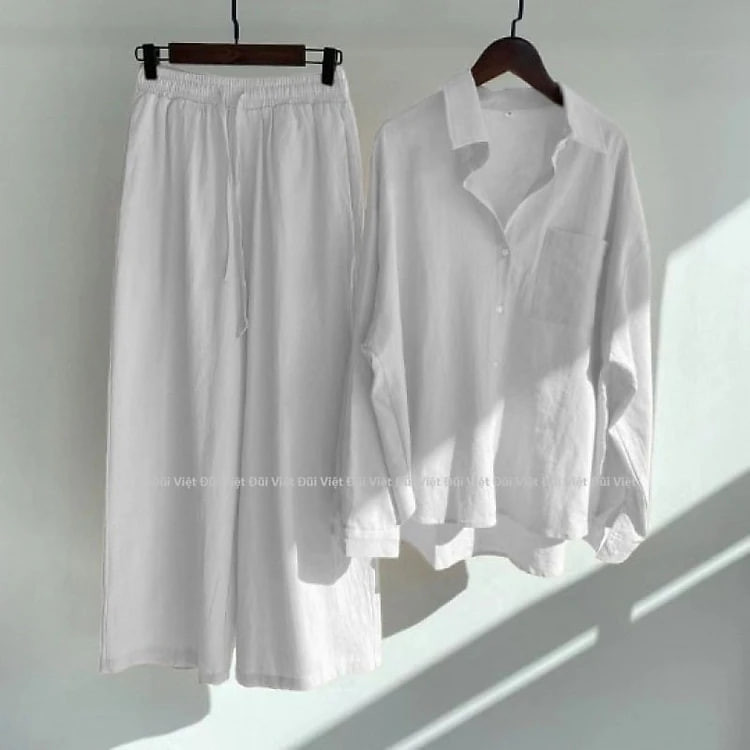 Set bộ linen gồm áo sơ mi nữ có túi và quần dài ống suông, phong cách nhẹ nhàng, tiểu thư, Hàn Quốc BV08