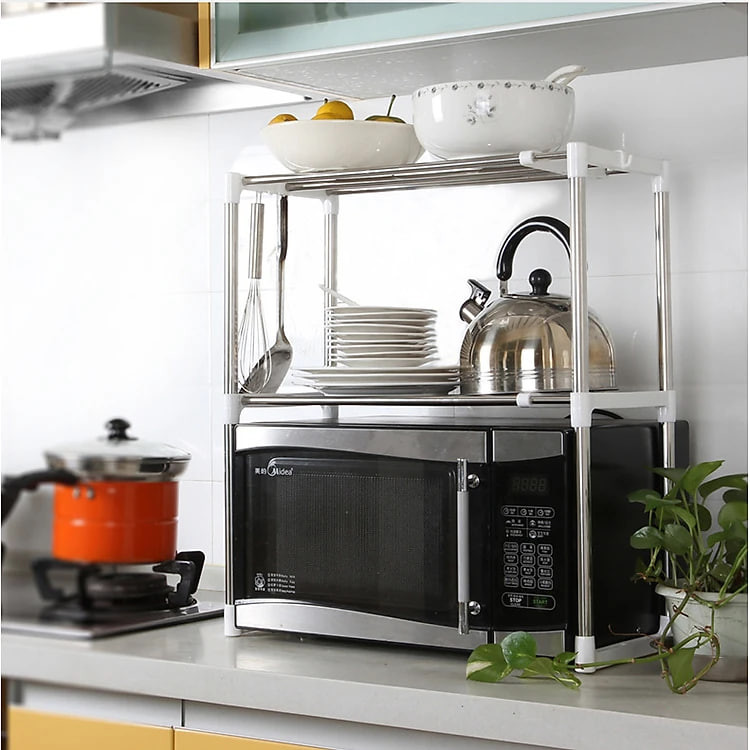 Kệ để lò vi sóng, kệ nhà bếp 2 tầng đa năng, kệ đựng gia vị có móc treo ở các góc, tiết kiệm không gian 64x25x45cm - Hàng chính hãng