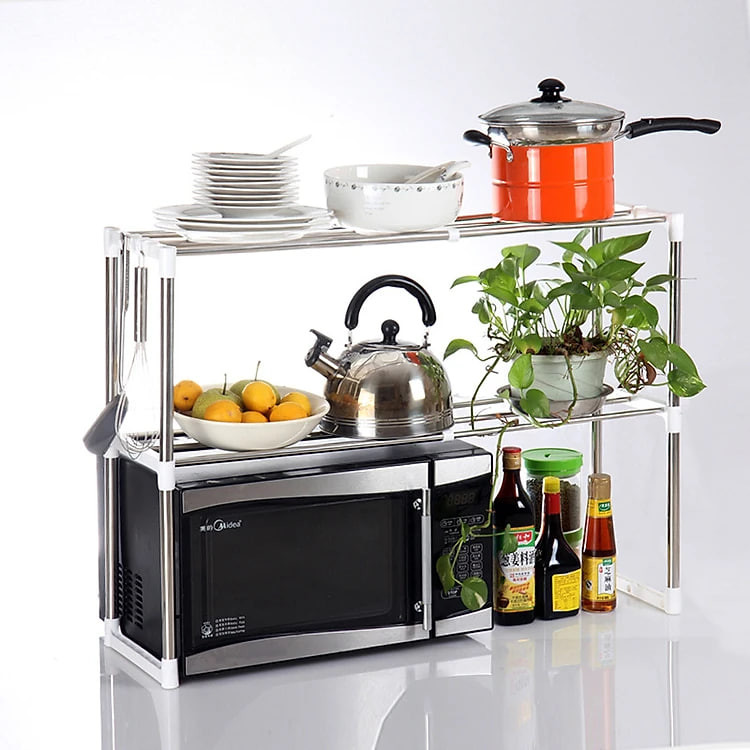 Kệ để lò vi sóng, kệ nhà bếp 2 tầng đa năng, kệ đựng gia vị có móc treo ở các góc, tiết kiệm không gian 64x25x45cm - Hàng chính hãng