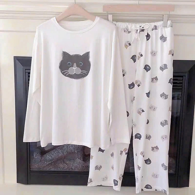 Bộ đồ ngủ tay dài quần dài cotton 126 mèo dễ thương