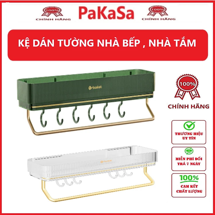 Kệ dán tường đựng vật dụng nhà tắm , nhà bếp có thanh treo khăn và móc dán treo đồ tiên lợi - hàng chính hãng
