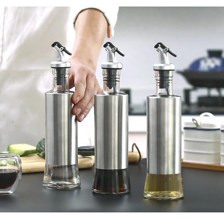 Chai rót dầu ăn, nước tương thủy tinh bọc Inox 304 cao cấp 300ml bằng thủy tinh chai hũ lọ gia vị dụng cụ nhà bếp tiện ích VANDO