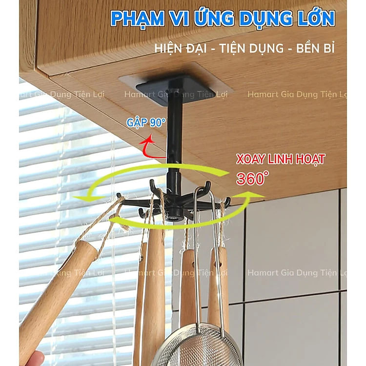 Giá Treo Đồ Nhà Bếp 6 Móc Xoay 360° Treo Dụng Cụ Tắm Đa Năng Kèm Miếng Dán Tường Siêu Dính