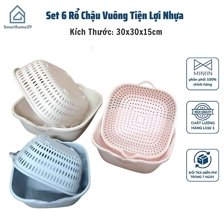 Set 6 Rổ Chậu Vuông Nhựa An Toàn - Tiện Dụng Cho Nhà Bếp Và Gia Đình - HÀNG CHÍNH HÃNG MINIIN