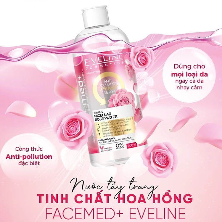 Nước tẩy trang Eveline Facemed+ trắng da tinh chất hoa hồng Toning Micellar Rose Water 400ml