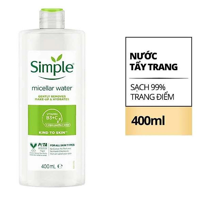 Nước tẩy trang Simple Micellar làm sạch trang điểm vượt trội - không chứa cồn gây khô rát 400ml [CHÍNH HÃNG ĐỘC QUYỀN]