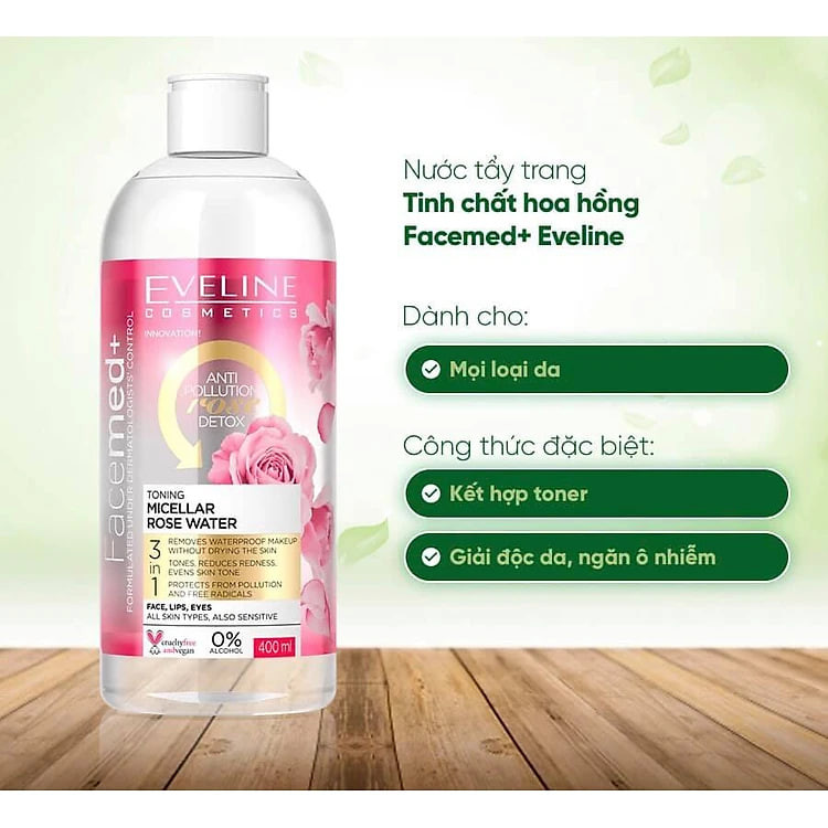 Nước tẩy trang Eveline Facemed+ trắng da tinh chất hoa hồng Toning Micellar Rose Water 400ml