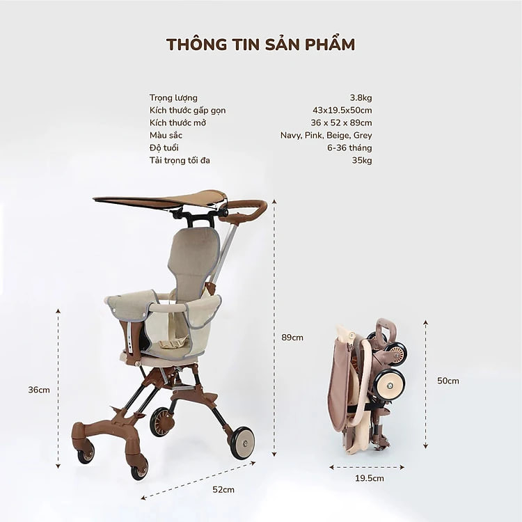 Xe đẩy cho bé, Xe đẩy gấp gọn em bé đi du lịch siêu gọn nhẹ (Tặng Kèm Đệm Ghế, Có Thể Đảo Chiều)