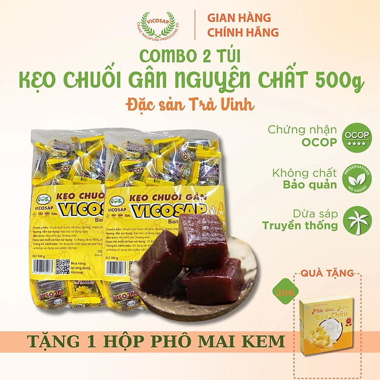 Combo 2 túi 500g Kẹo chuối gân VICOSAP nguyên chất kẹo dẻo mềm ít đường đặc sản Trà Vinh - Ăn Vặt Candy Snack Food