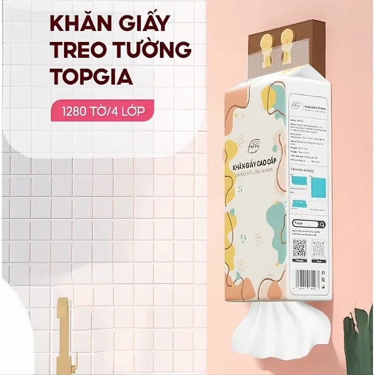 Khăn giấy treo tường 1280 tờ/4 lớp Topgia dạng rút tiện lợi cao cấp, tiết kiệm, an toàn kèm móc treo (Thùng 4 gói) 157x175cm
