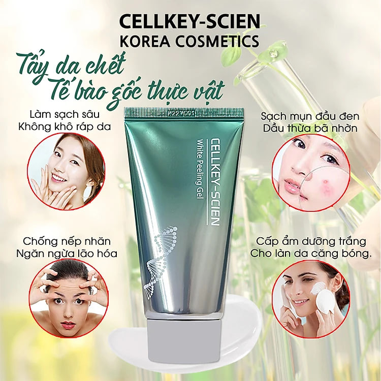 Tẩy Da Chết Mặt Tế Bào Gốc Thực Vật Lành Tính Làm Sạch Sâu Dịu Nhẹ Dưỡng Ẩm Sáng Da Cho Da Dầu Mụn Nhạy Cảm Cellkey-Scien White Peeling Gel (80ml)