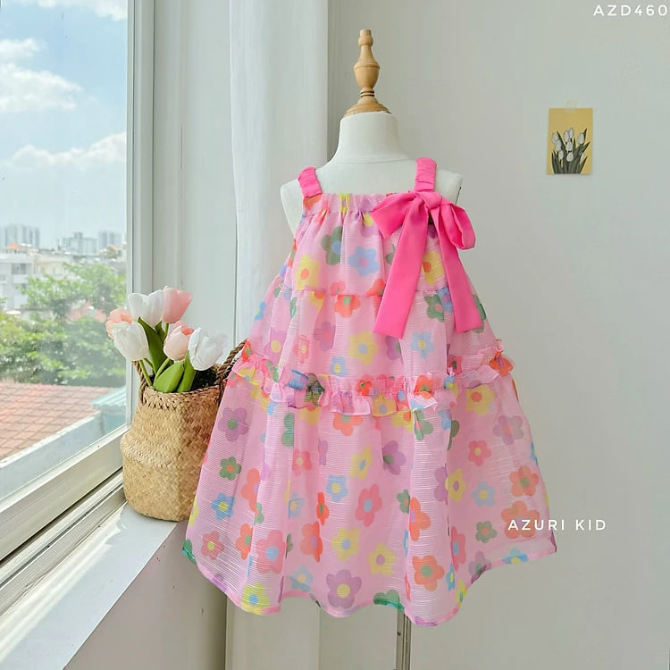 Đầm babydoll cho bé gái đính nơ cánh tiên phong cách Hàn Quốc từ 12-35kg chất vải tơ mềm mát