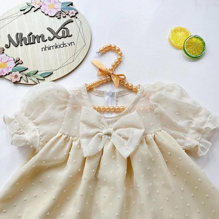 Váy Babydoll Màu Be Chất Tơ Nảy Hạt Nổi Lót Hubutai Cho Bé 5-32kg [V508]