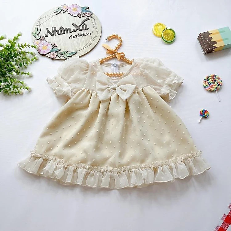 Váy Babydoll Màu Be Chất Tơ Nảy Hạt Nổi Lót Hubutai Cho Bé 5-32kg [V508]