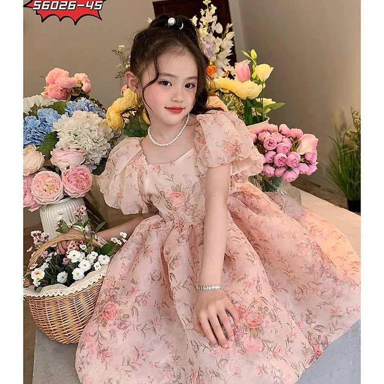 Đầm váy babydoll tay phồng cho bé gái màu hồng diện đi chơi đi học du lịch đẹp size 12-35kg hàng thiết kế