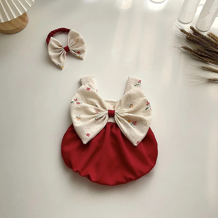 Bodysuit Nơ To Chất Đũi Cara Cho Bé Gái Gái 3 Đến 12kg, Áo Liền Quần 2 Dây Xinh Xắn [A473]