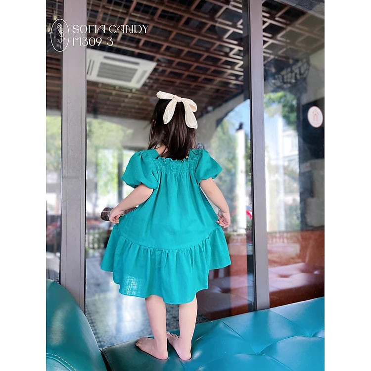 Váy hè cho bé gái 1-10 tuổi tay phồng vải đũi xước, Đầm babydoll trẻ em nhẹ thoáng mát