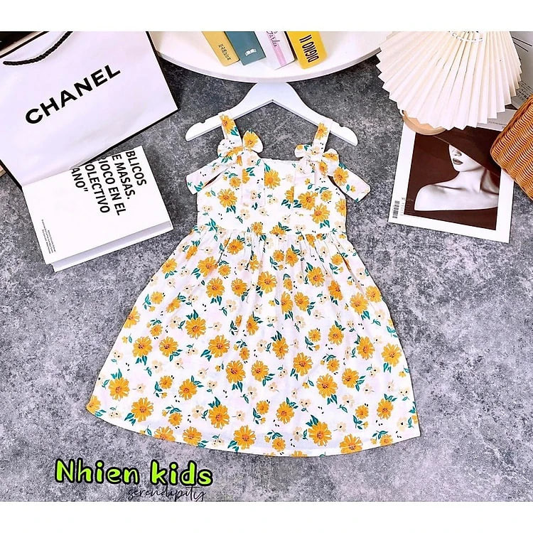 Đầm hai dây hoa mùa hè cho bé gái đi chơi đi học mát từ 20-40kg chất tơ mềm mại