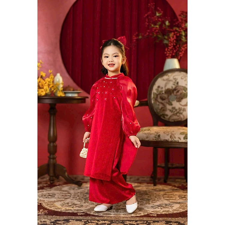 Áo dài cách tân bé gái, Set áo dài tết cho bé 1-10 tuổi đính hoa tay voan hàng thiết kế điệu đà thời trang