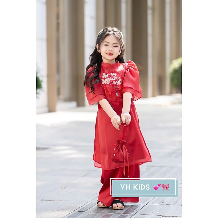 Bộ áo dài tết cho bé gái mẫu hoa mùa xuân xinh xắn diện lễ tết noel giáng sinh năm mới từ 10-45kg hàng thiết kế cao cấp